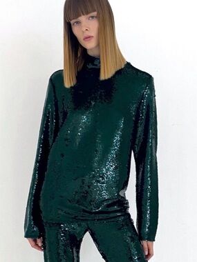 Zara Sequin Green Mock Neck Top - Bloggers Favorite